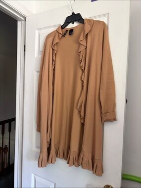 new directions Camel Ruffle Open-Front Cardigan
